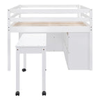 Full Size Wood Loft Bed with Retractable Writing Desk and 4 Drawers