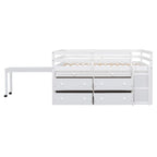 Full Size Wood Loft Bed with Retractable Writing Desk and 4 Drawers