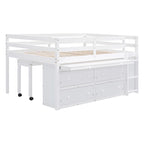 Full Size Wood Loft Bed with Retractable Writing Desk and 4 Drawers