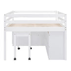 Full Size Wood Loft Bed with Retractable Writing Desk and 4 Drawers