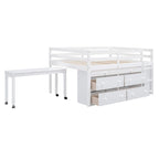 Full Size Wood Loft Bed with Retractable Writing Desk and 4 Drawers