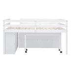 Full Size Wood Loft Bed with Retractable Writing Desk and 4 Drawers