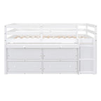 Full Size Wood Loft Bed with Retractable Writing Desk and 4 Drawers