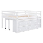 Full Size Wood Loft Bed with Retractable Writing Desk and 4 Drawers