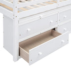 Full Size Wood Loft Bed with Retractable Writing Desk and 4 Drawers