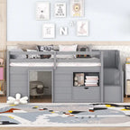 Twin Size Solid Wood Low Loft Bed with Stair, Drawer, and Shelf